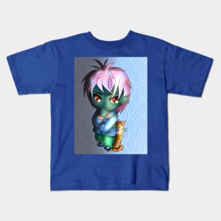 kawaii thinking green dark elf with a cute cat Kids T-Shirt